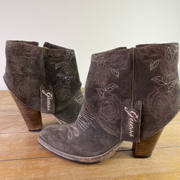 Guess Cowgirl Ankle Booties Size 5.5 - 6 Embroidered Gray Brown Boho Side Zips - Picture 2 of 13